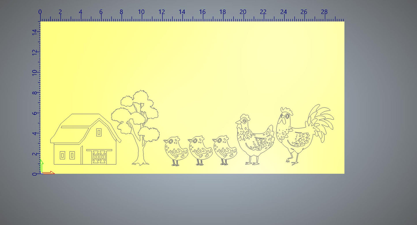 Farm scene, chickens, barn Digital File